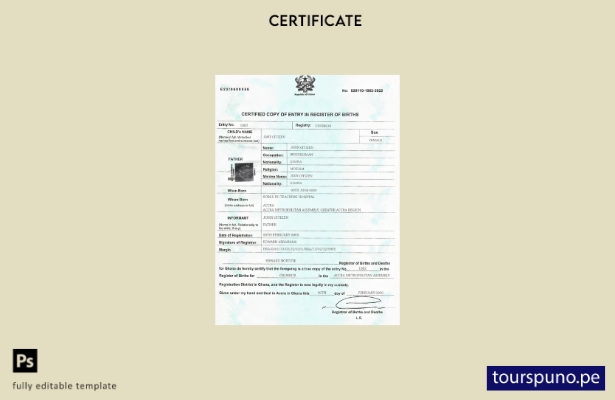 Plantilla de certificado de nacimiento de Ghana lista para imprimir en formato P